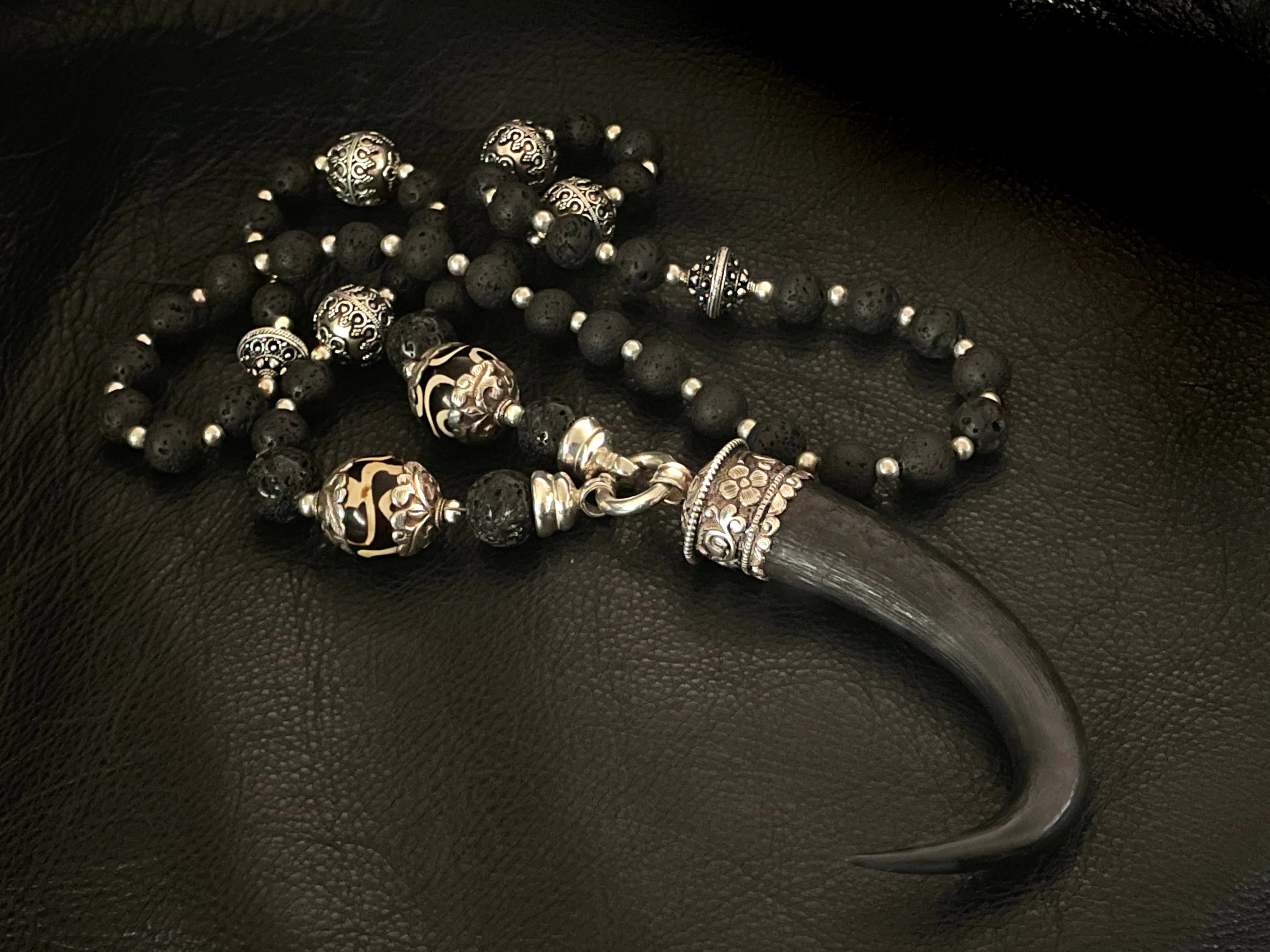 Devil's Horn Black Lava Mala Chain Necklace