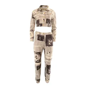 Dior White Denim Cropped Newsprint Set