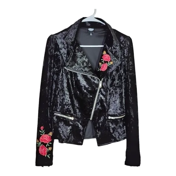Disney Coco Moto Jacket Black Velvet Velour Embroidered Red Rose Juniors S