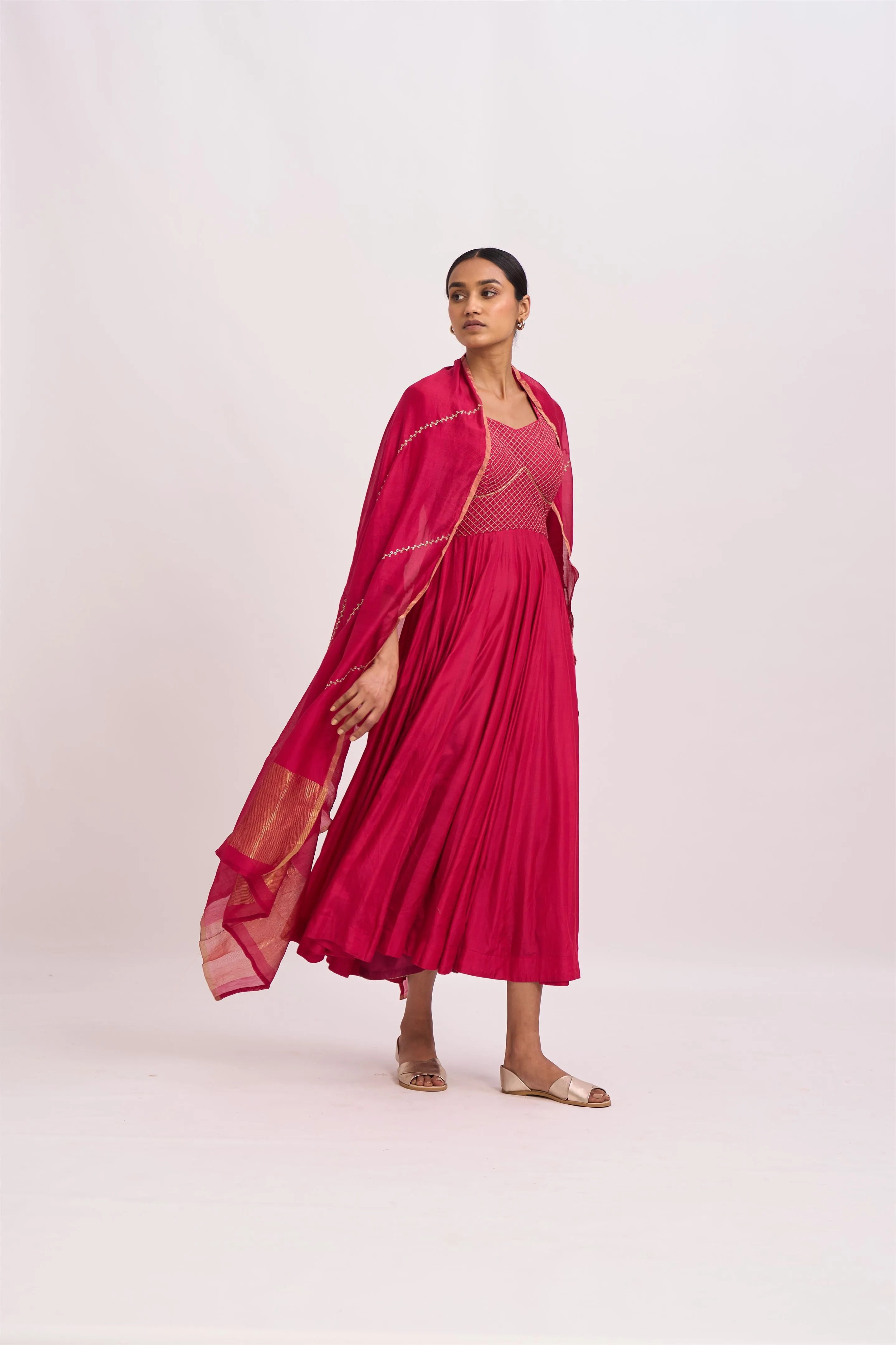 Dot   I   Lavani Arabian Bright Pink Kurta Set Cotton Silk Anarkali and Pants with Chanderi Dupatta Bright Pink SS24-B2-107