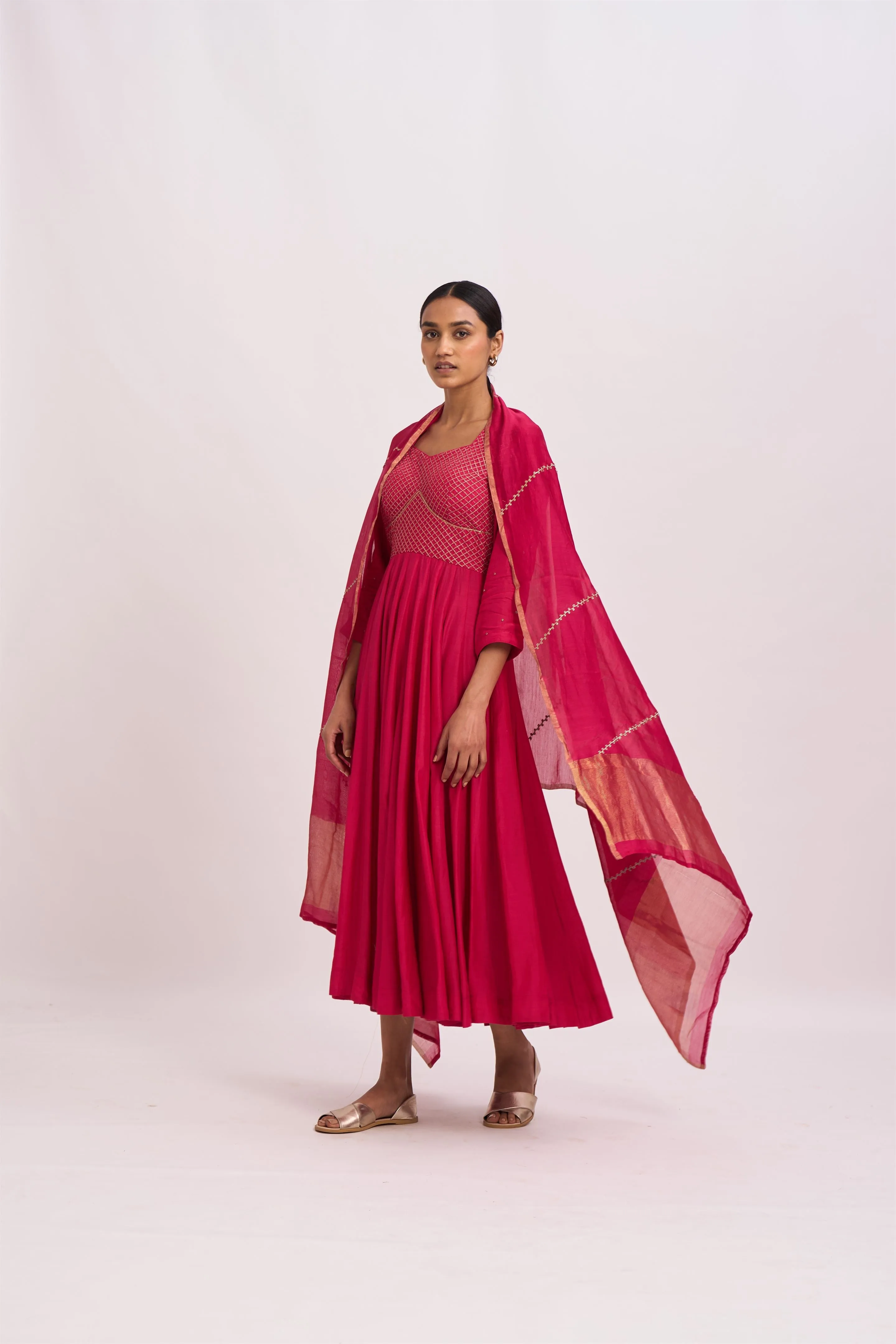 Dot   I   Lavani Arabian Bright Pink Kurta Set Cotton Silk Anarkali and Pants with Chanderi Dupatta Bright Pink SS24-B2-107