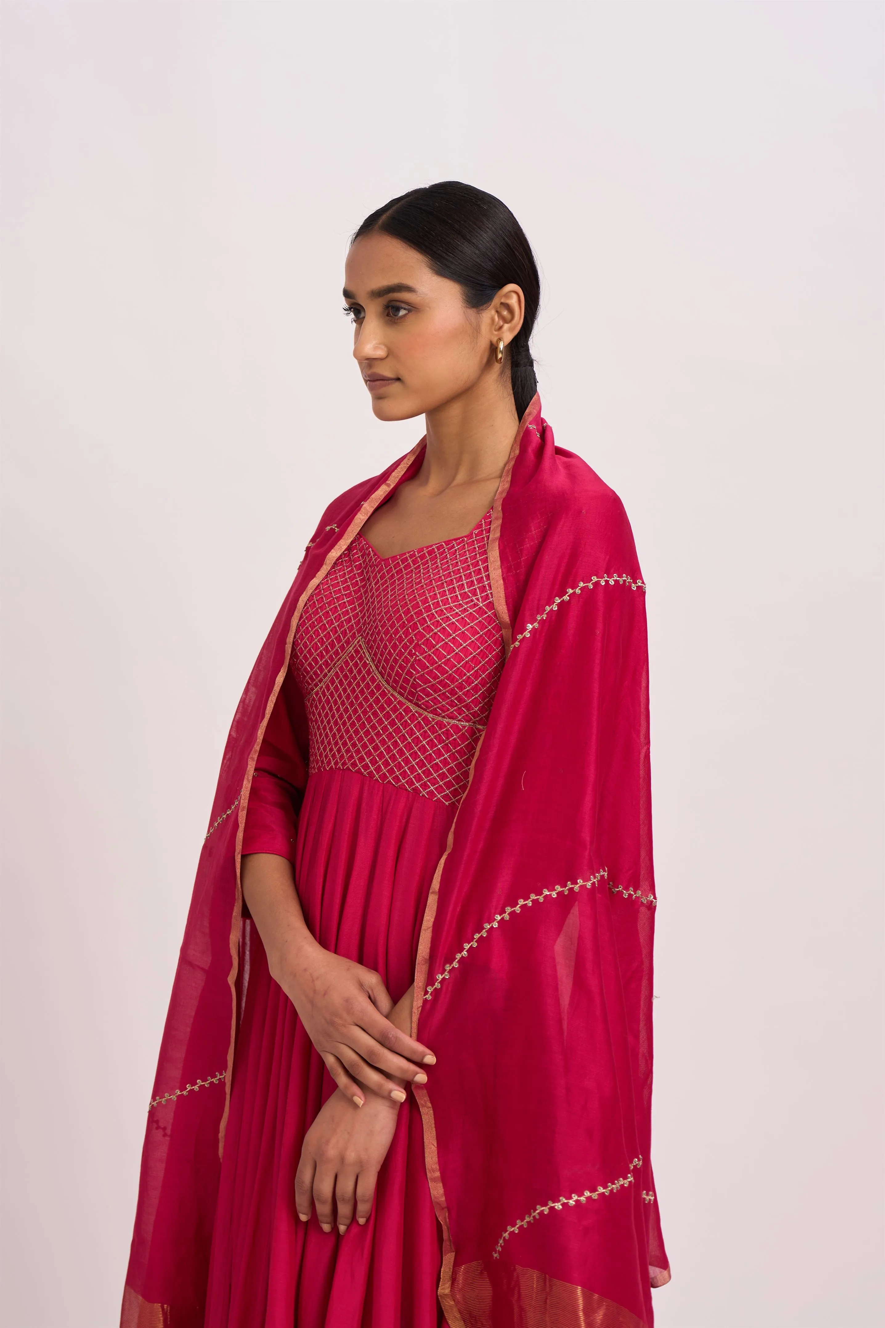 Dot   I   Lavani Arabian Bright Pink Kurta Set Cotton Silk Anarkali and Pants with Chanderi Dupatta Bright Pink SS24-B2-107