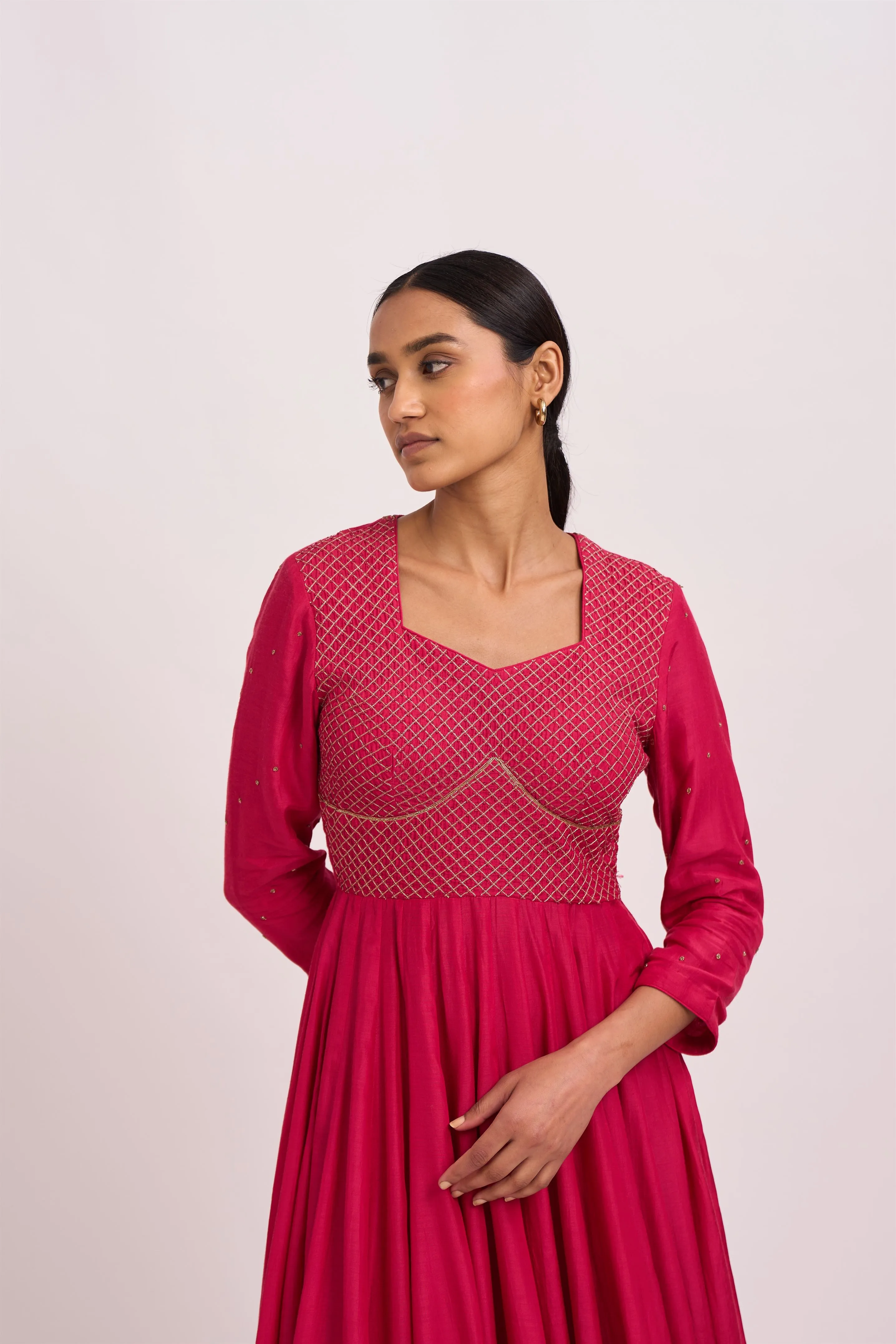 Dot   I   Lavani Arabian Bright Pink Kurta Set Cotton Silk Anarkali and Pants with Chanderi Dupatta Bright Pink SS24-B2-107