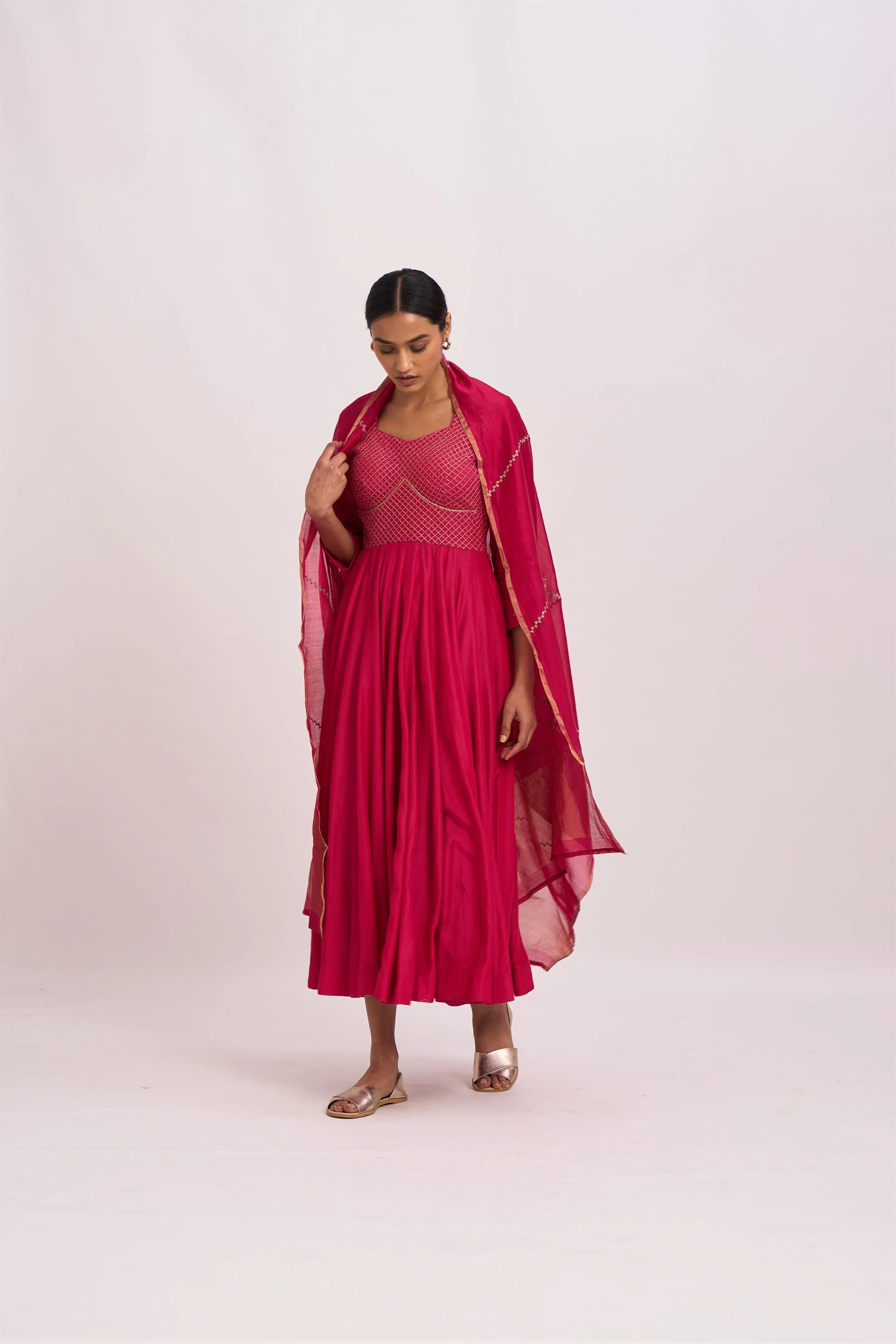 Dot   I   Lavani Arabian Bright Pink Kurta Set Cotton Silk Anarkali and Pants with Chanderi Dupatta Bright Pink SS24-B2-107