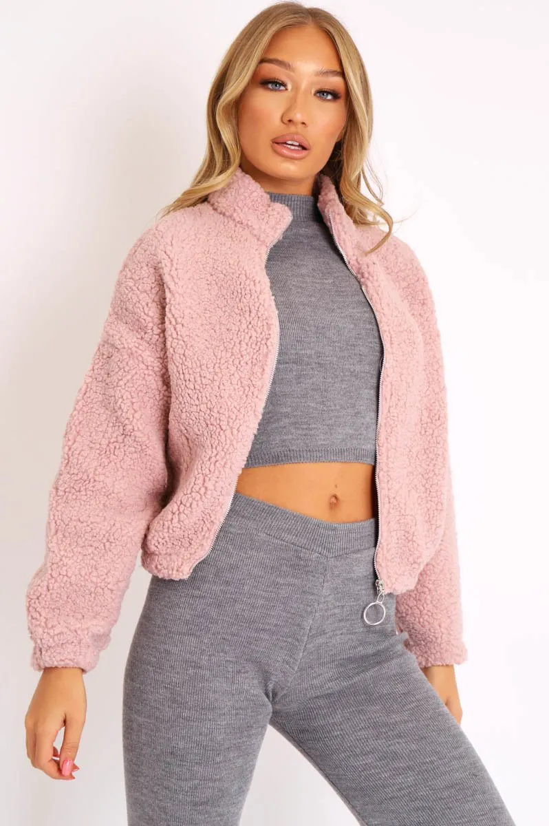 Dusty Pink Zip Front Teddy Jacket - Elena