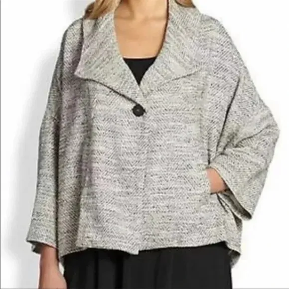 Eileen Fisher Herringbone Tweed A-Line Swing Jacket