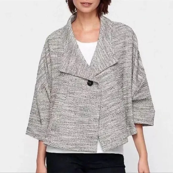 Eileen Fisher Herringbone Tweed A-Line Swing Jacket