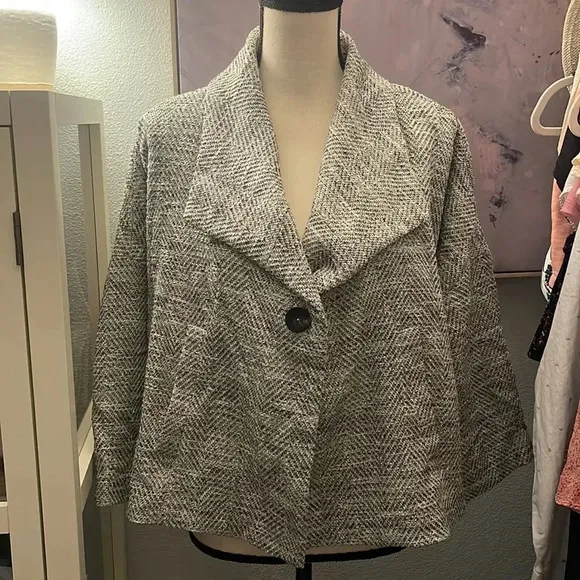 Eileen Fisher Herringbone Tweed A-Line Swing Jacket