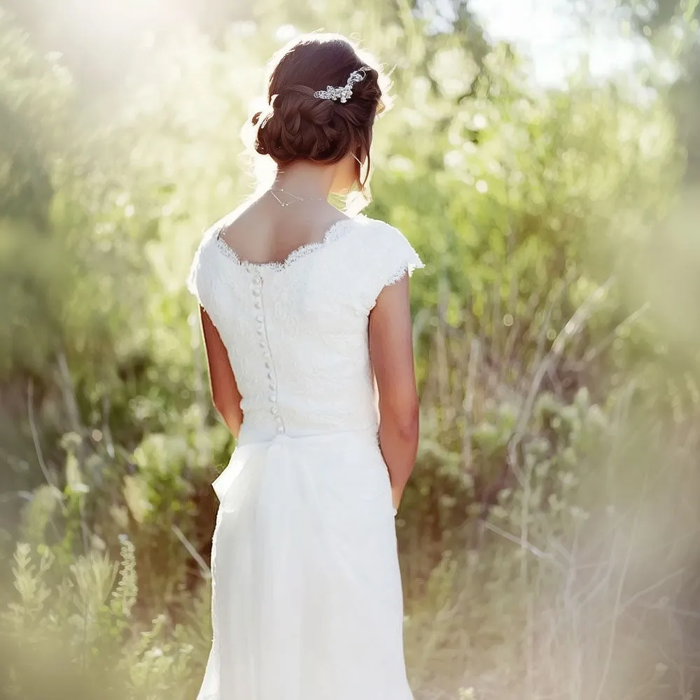 Elegant Modest Lace Wedding Dress With Scallop Lace V-Neck And Cap Sleeves | Mary