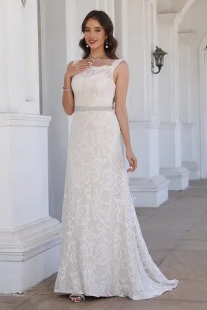 Elegant Square Neck Ivory Sleeveless Lace Long Wedding Dress