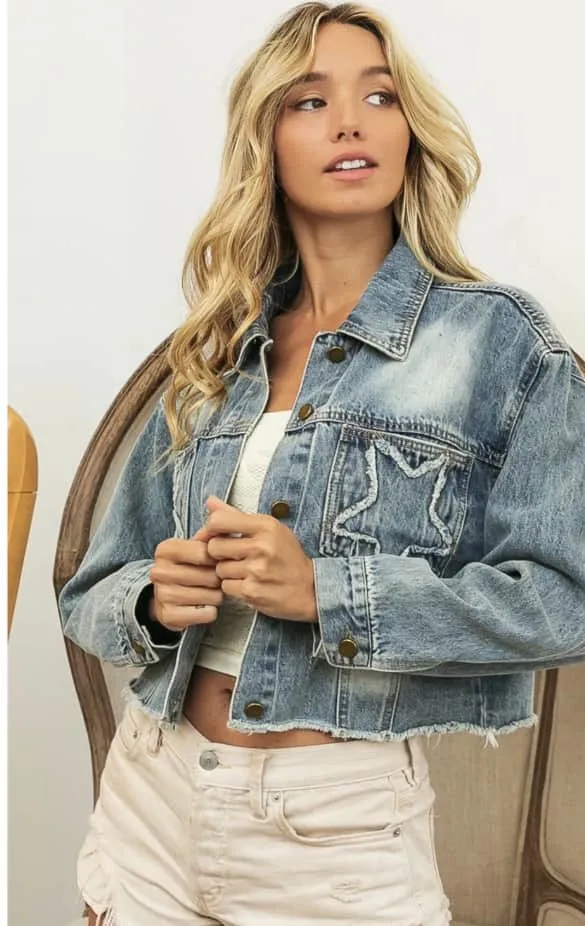 Frayed Washed Denim Star Pocket Jacket