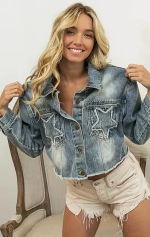 Frayed Washed Denim Star Pocket Jacket
