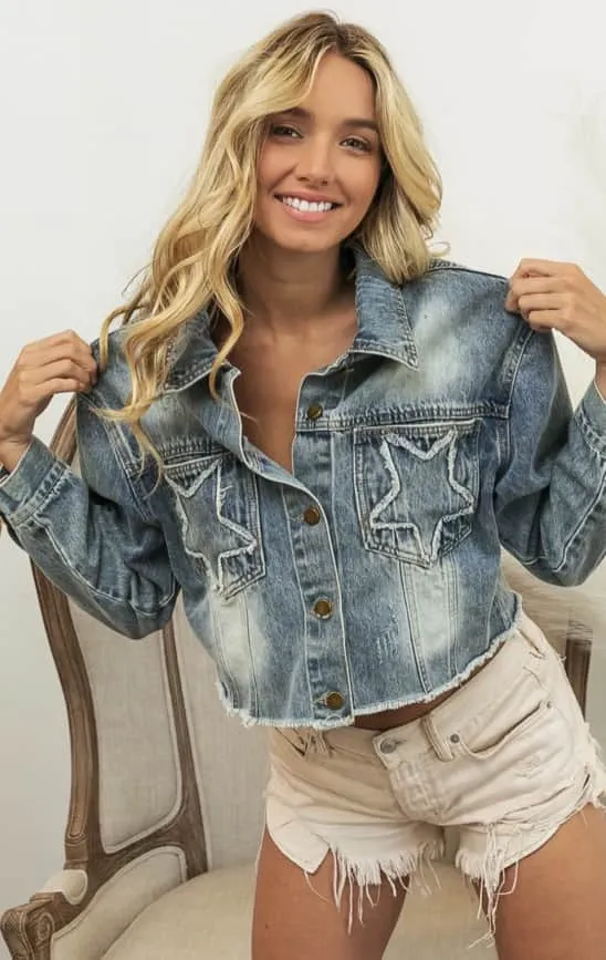 Frayed Washed Denim Star Pocket Jacket