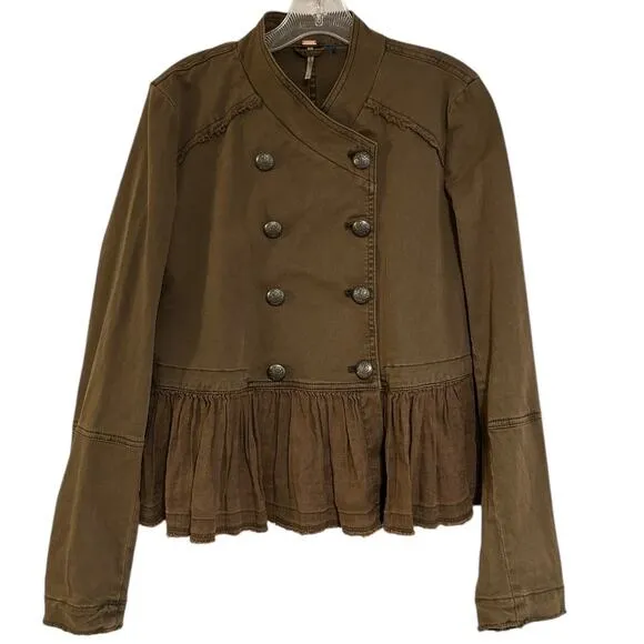 Free People Military Jacket Peplum Cropped Women’s Small Olive Green Distressed