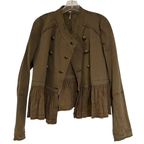 Free People Military Jacket Peplum Cropped Women’s Small Olive Green Distressed