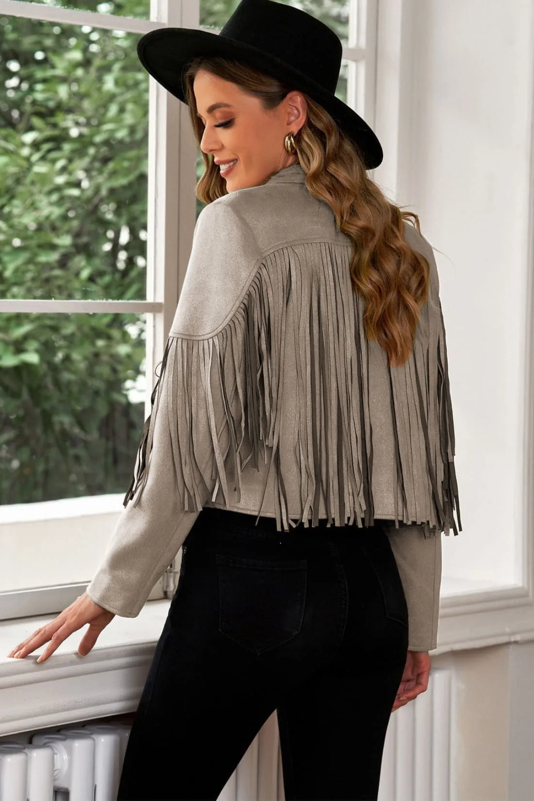 Fringe Trim Lapel Collar Cropped Jacket