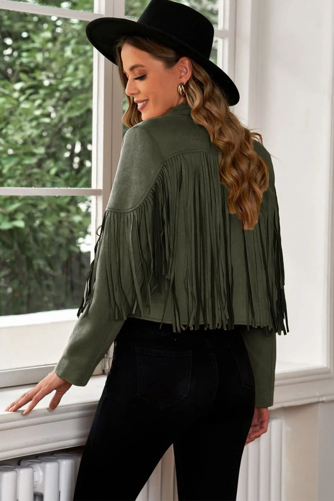 Fringe Trim Lapel Collar Cropped Jacket
