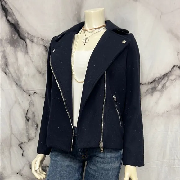 FRNCH Blue Leather Moto Jacket Asymmetrical Zipper