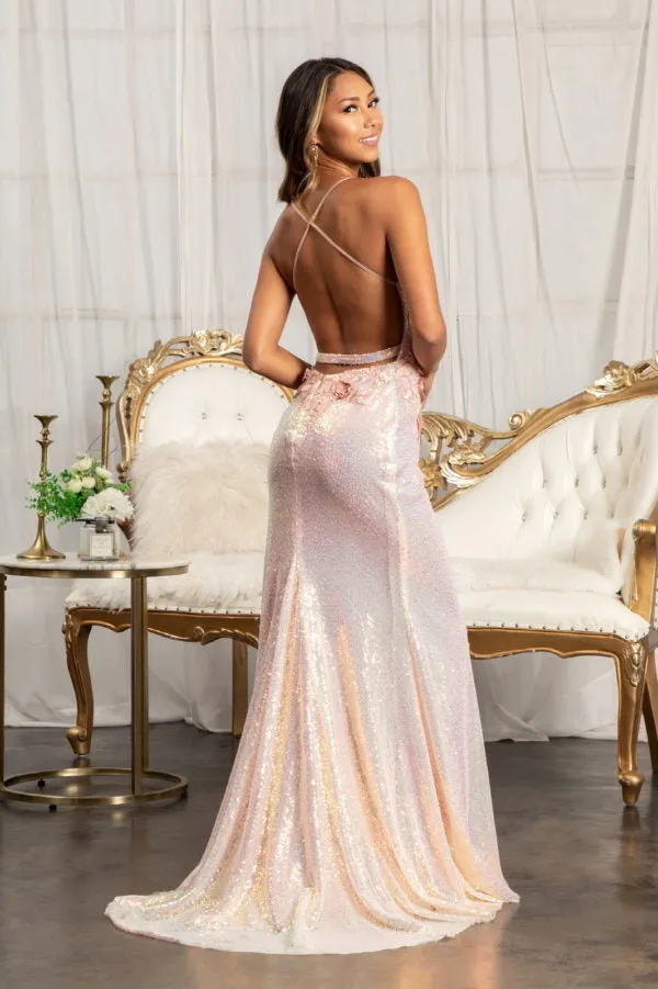 GL 3025 - Full Sequin Fit & Flare Prom Gown with 3d Floral Applique Bodice Strappy Open Back & Leg Slit