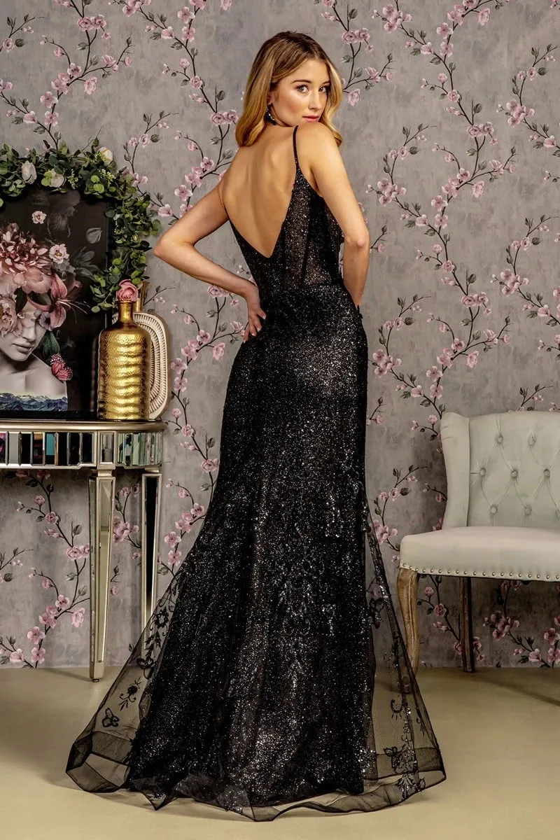 GL 3374 - Shimmering Fit & Flare Prom Gown with Sheer Boned Corset Bodice Accented with 3D Lace Butterflies
