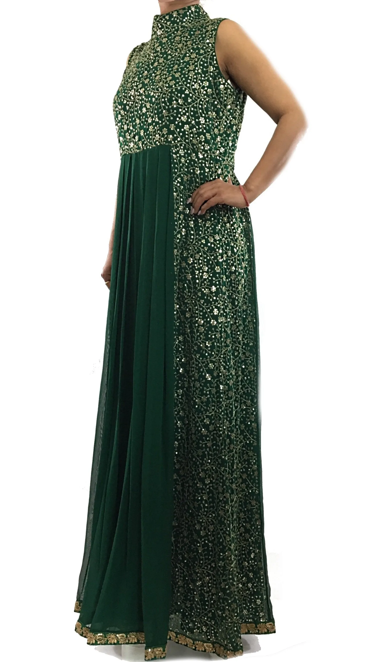 Green Color High Neck Gown Suit with golden floral work