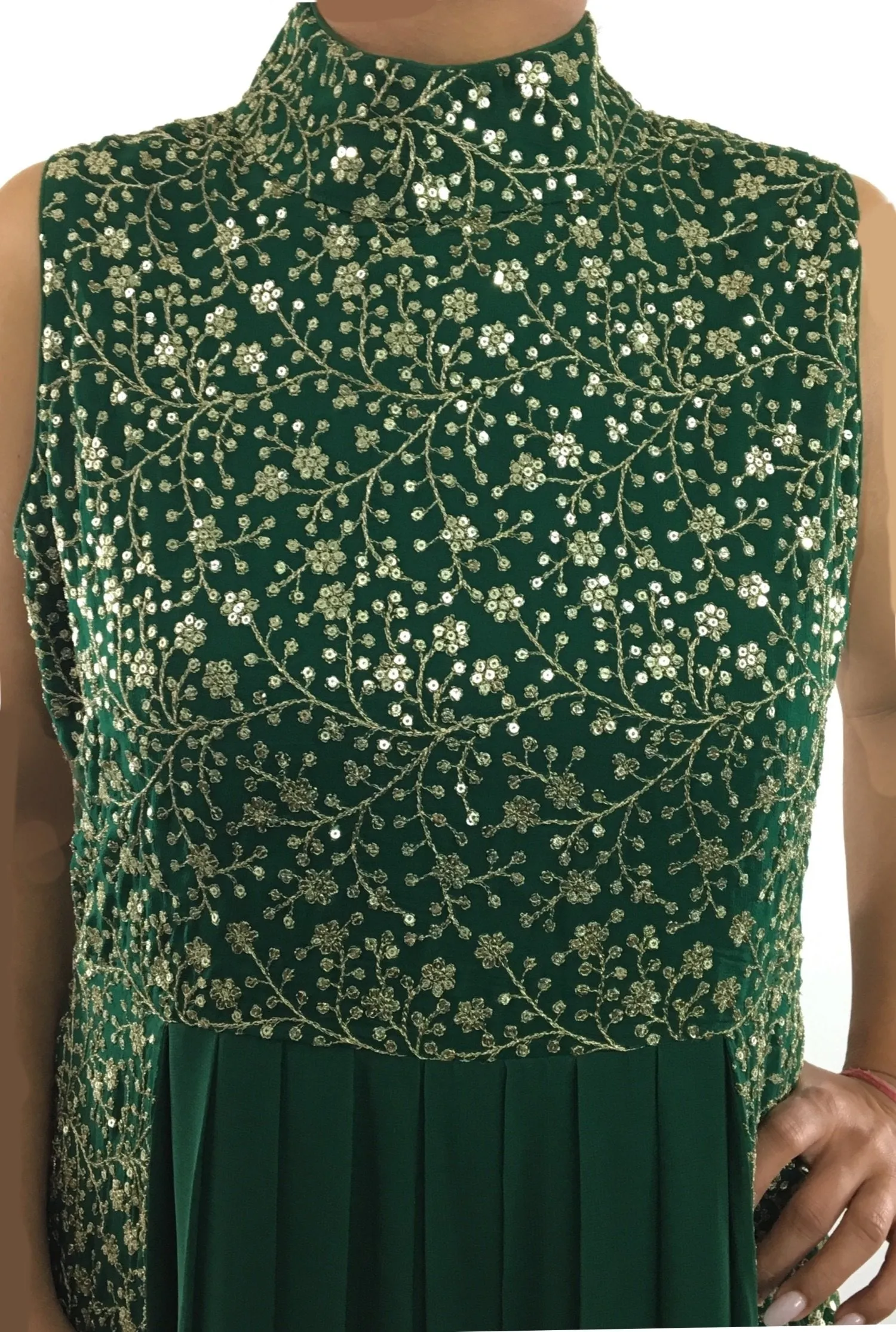 Green Color High Neck Gown Suit with golden floral work