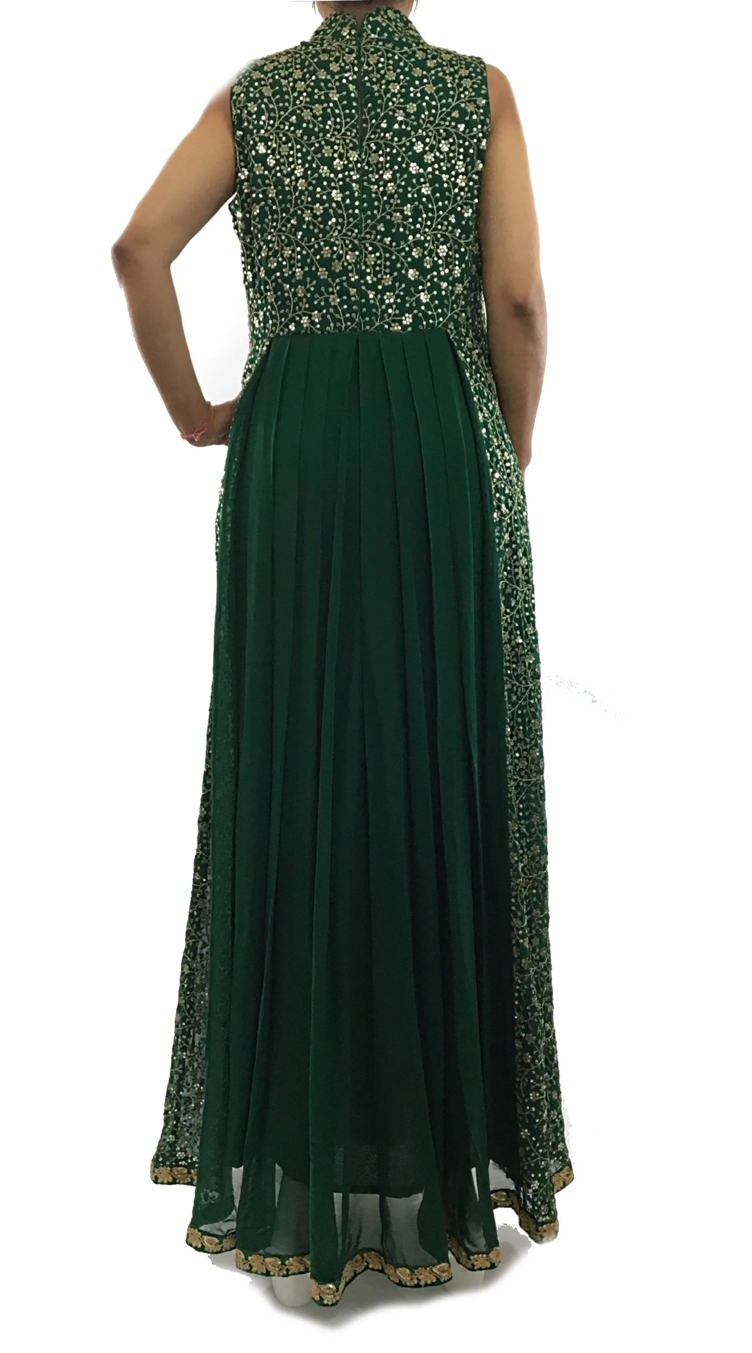 Green Color High Neck Gown Suit with golden floral work