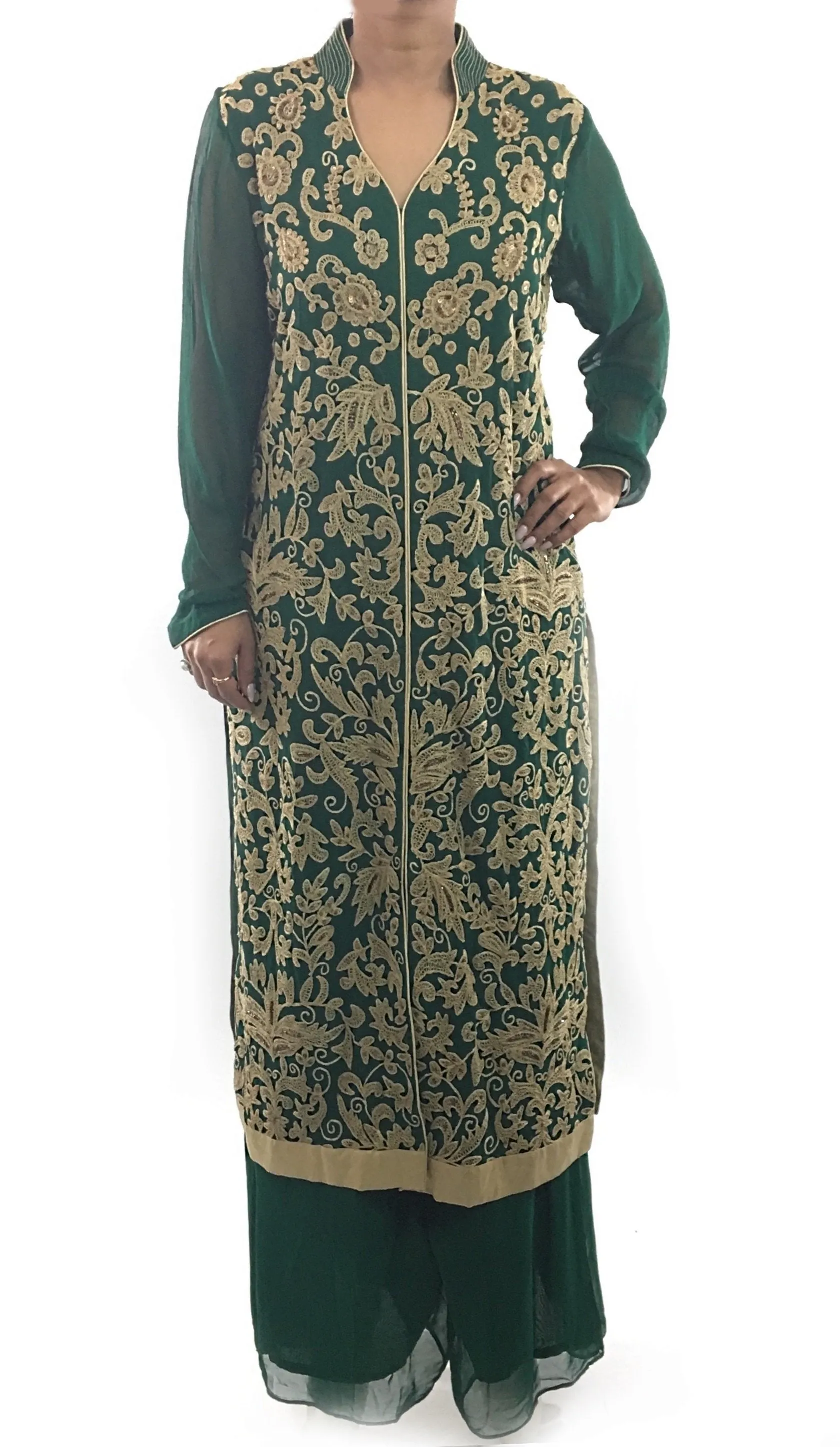 Green Color Suit Mandarin Collar Floral Pattern Work With Palazzo And Dupatta