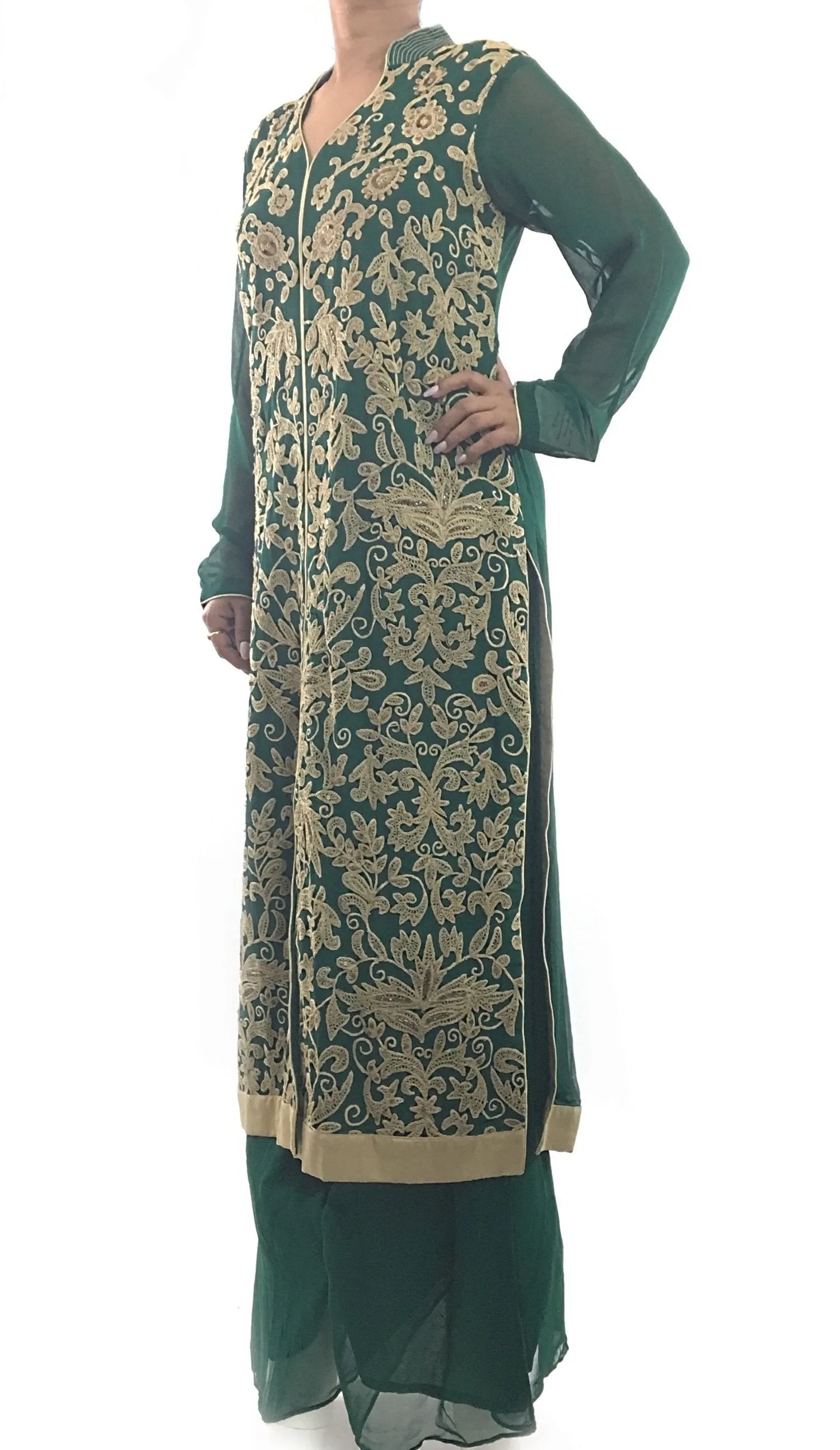 Green Color Suit Mandarin Collar Floral Pattern Work With Palazzo And Dupatta