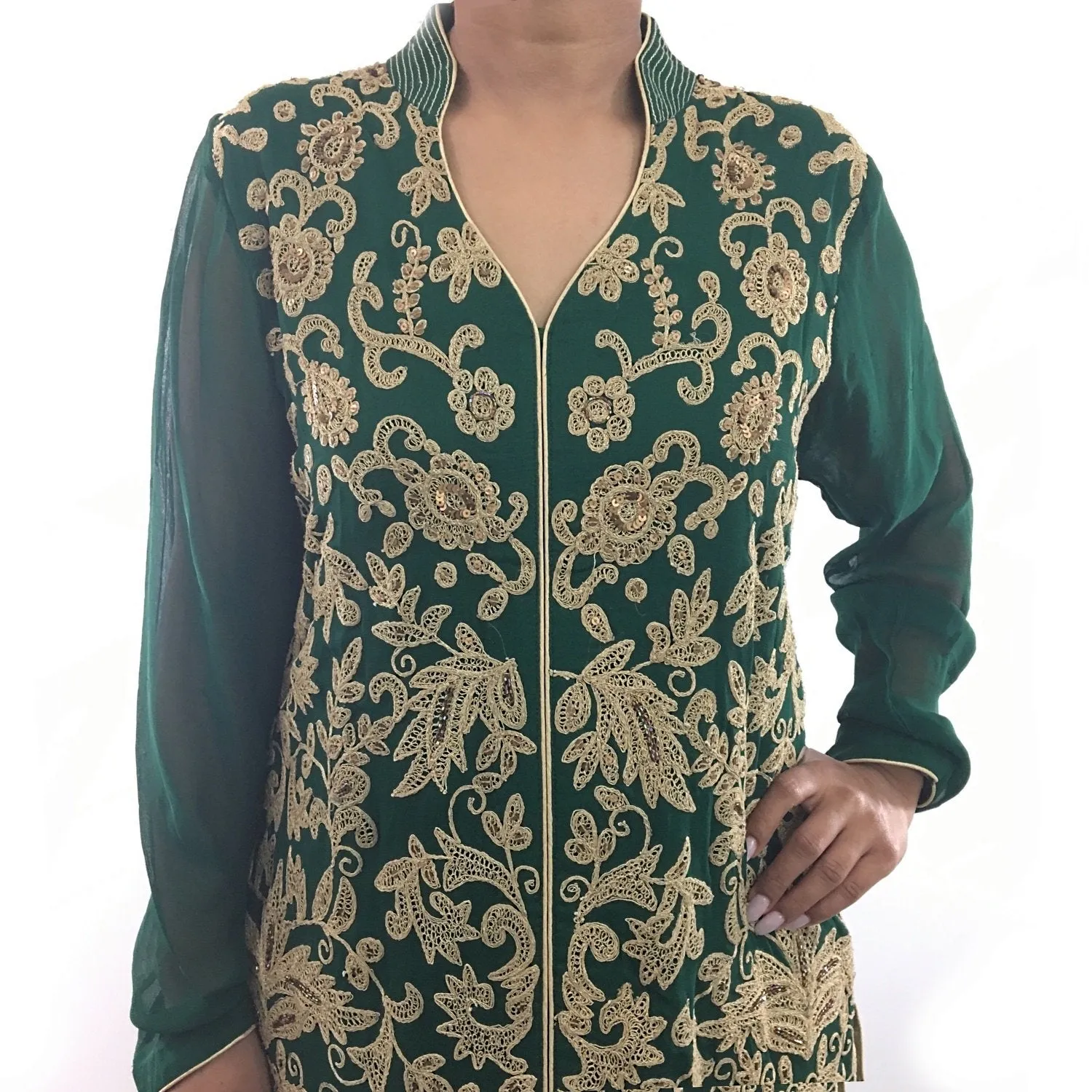Green Color Suit Mandarin Collar Floral Pattern Work With Palazzo And Dupatta
