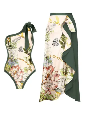 Green Retro Butterfly Print One Piece With Bathing Suit Wrap Skirt