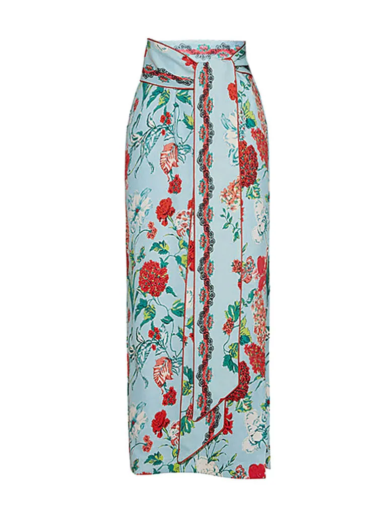 Green Retro Floral Print One Piece With Wrap Skirt Swimsuit