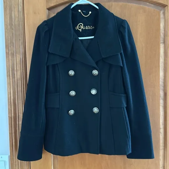 Guess Women’s Double Breasted Black Wool Coat Blazer Size Small