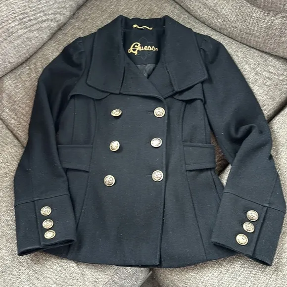 Guess Women’s Double Breasted Black Wool Coat Blazer Size Small