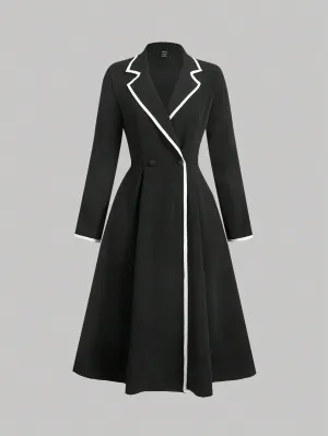 HAAZ Black and White Long Sleeve Blazer Collar Double Breasted Dress