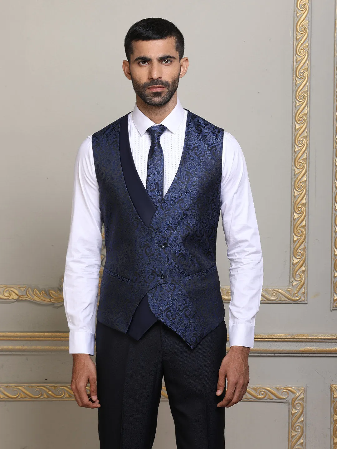 Imported Mens Suit In Dark Blue With Printed Waistcoat & Tie