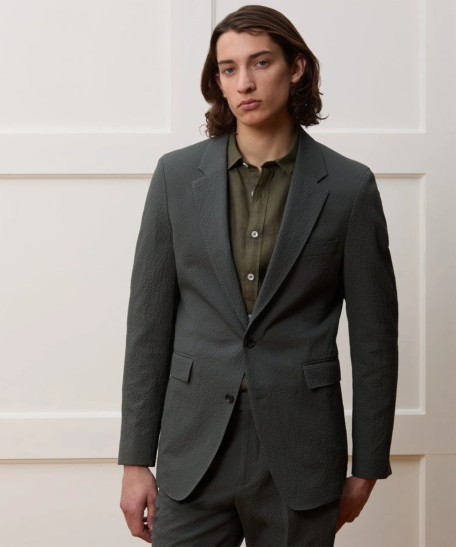 Italian Seersucker Sutton Jacket in Olive