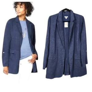 J Jill Slate Blue long line open front jacket roll tab sleeves M NWT
