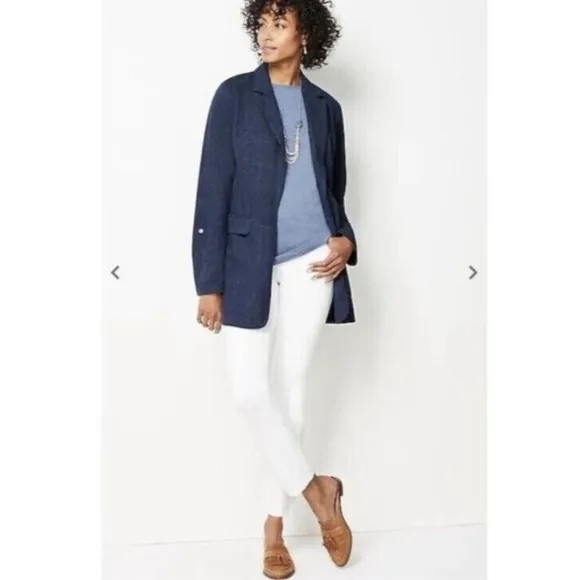 J Jill Slate Blue long line open front jacket roll tab sleeves M NWT