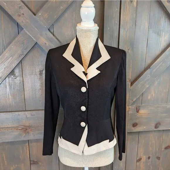 J.S.J Petites Single Breasted Blazer Women's Small Black Cream Slim vintage