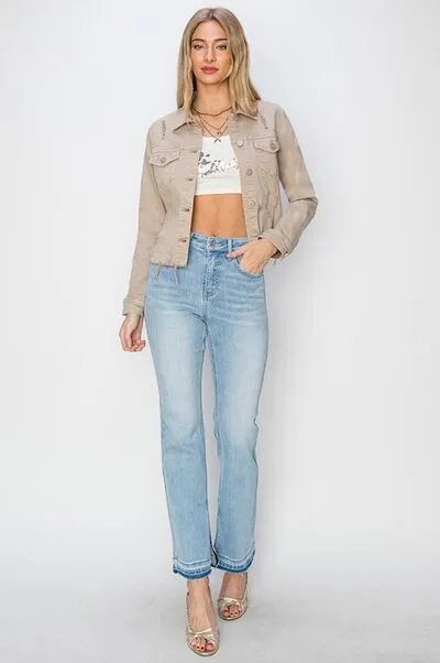 Khaki Raw Hem Button Up Cropped Denim Jacket