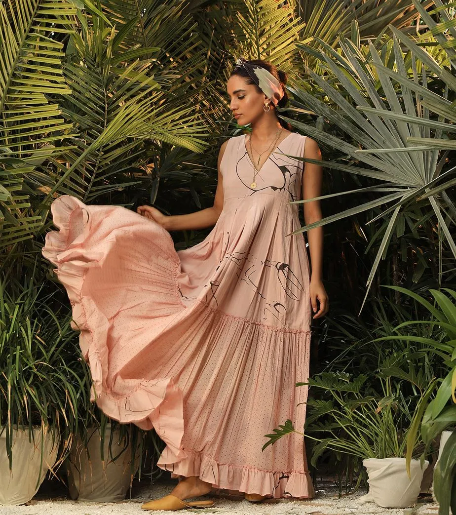 Khara Kapas   -   Whispering Winds Pink floral tiered dress - Another Day in Paradise