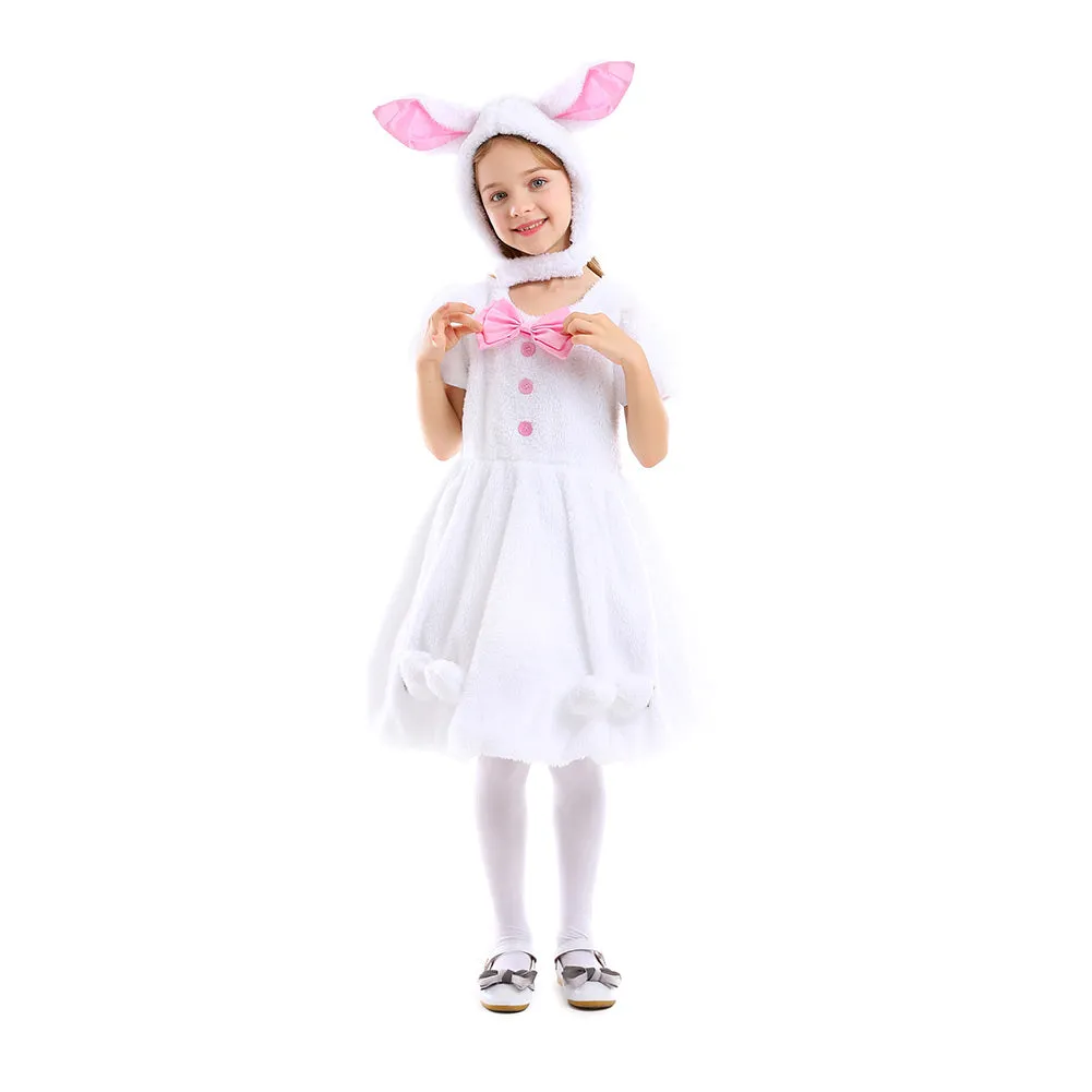 Kids Girls Holland Lop Rabbit Cosplay Costume Fleece Dress Headband Outfits Halloween Carnival Suit