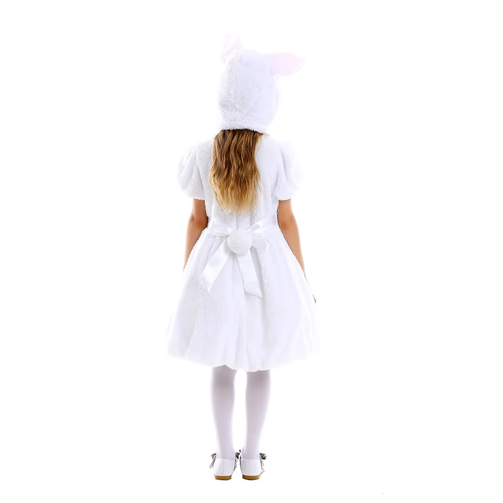 Kids Girls Holland Lop Rabbit Cosplay Costume Fleece Dress Headband Outfits Halloween Carnival Suit