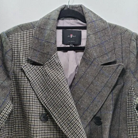 L 7 For all Mankind Double Breasted Blazer Mixed Print Houndstooth Plaid Wool