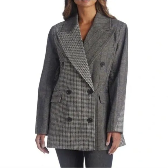 L 7 For all Mankind Double Breasted Blazer Mixed Print Houndstooth Plaid Wool