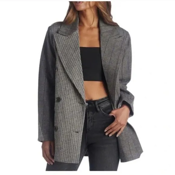 L 7 For all Mankind Double Breasted Blazer Mixed Print Houndstooth Plaid Wool