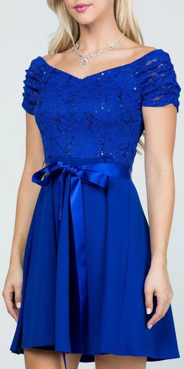 La Scala 25737 Off The Shoulder Ruched Sleeve Lace Fit And Flare Dress