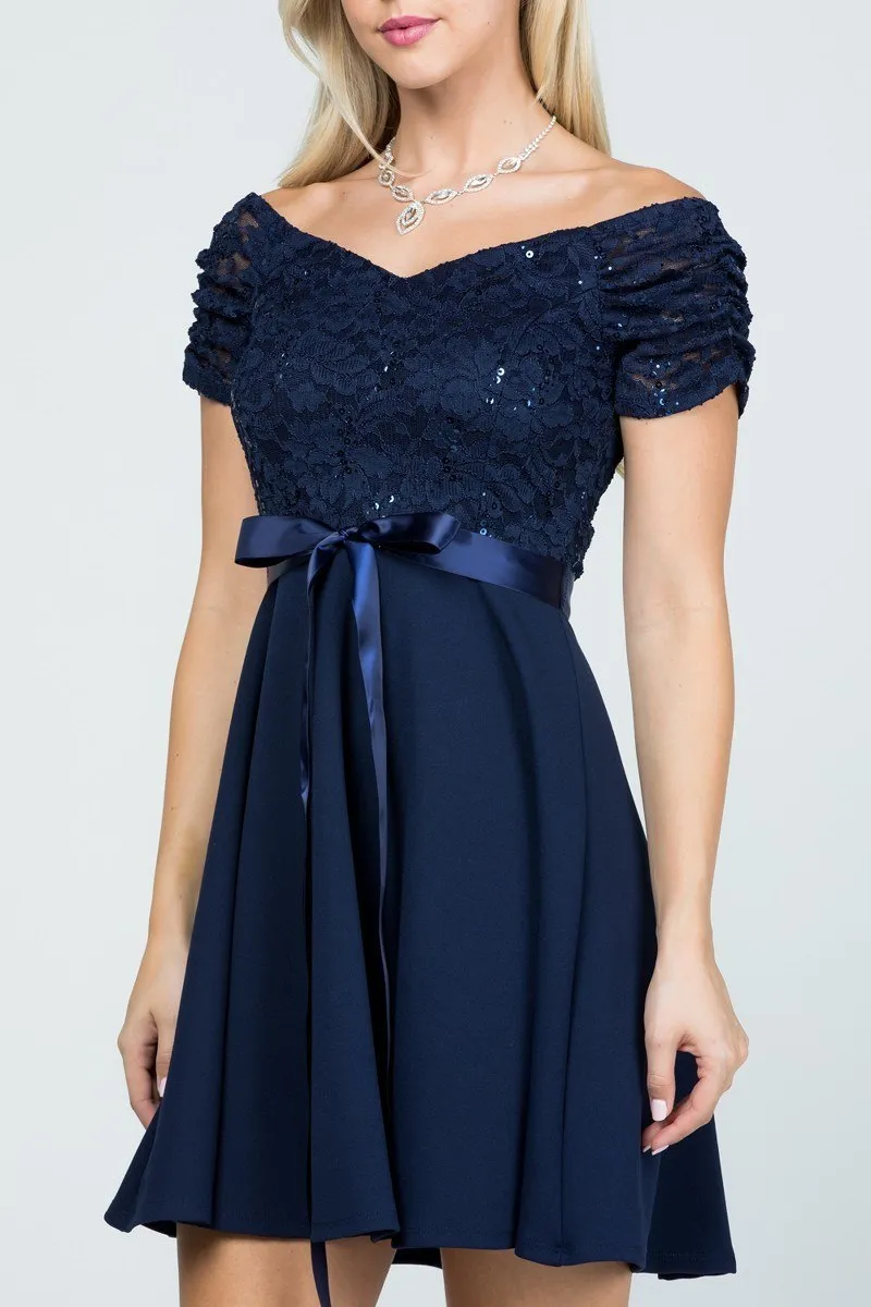 La Scala 25737 Off The Shoulder Ruched Sleeve Lace Fit And Flare Dress