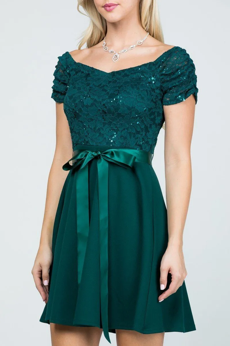 La Scala 25737 Off The Shoulder Ruched Sleeve Lace Fit And Flare Dress